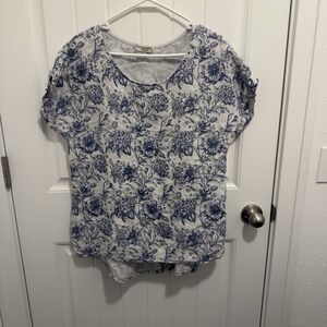 Terzo Millennio Women's Linen Top White Blue Floral Button Back Size Large